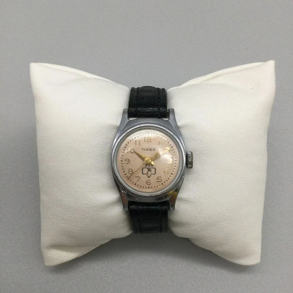 Vintage Timex Girls Scouts Watch 23mm Cream Dial Black Leather Manual Wind